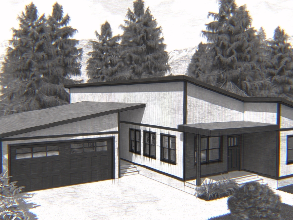 Rendering of modular city series 1300 plan from Buffalo Modular Homes with modern roof line and optional attached garage and front porch