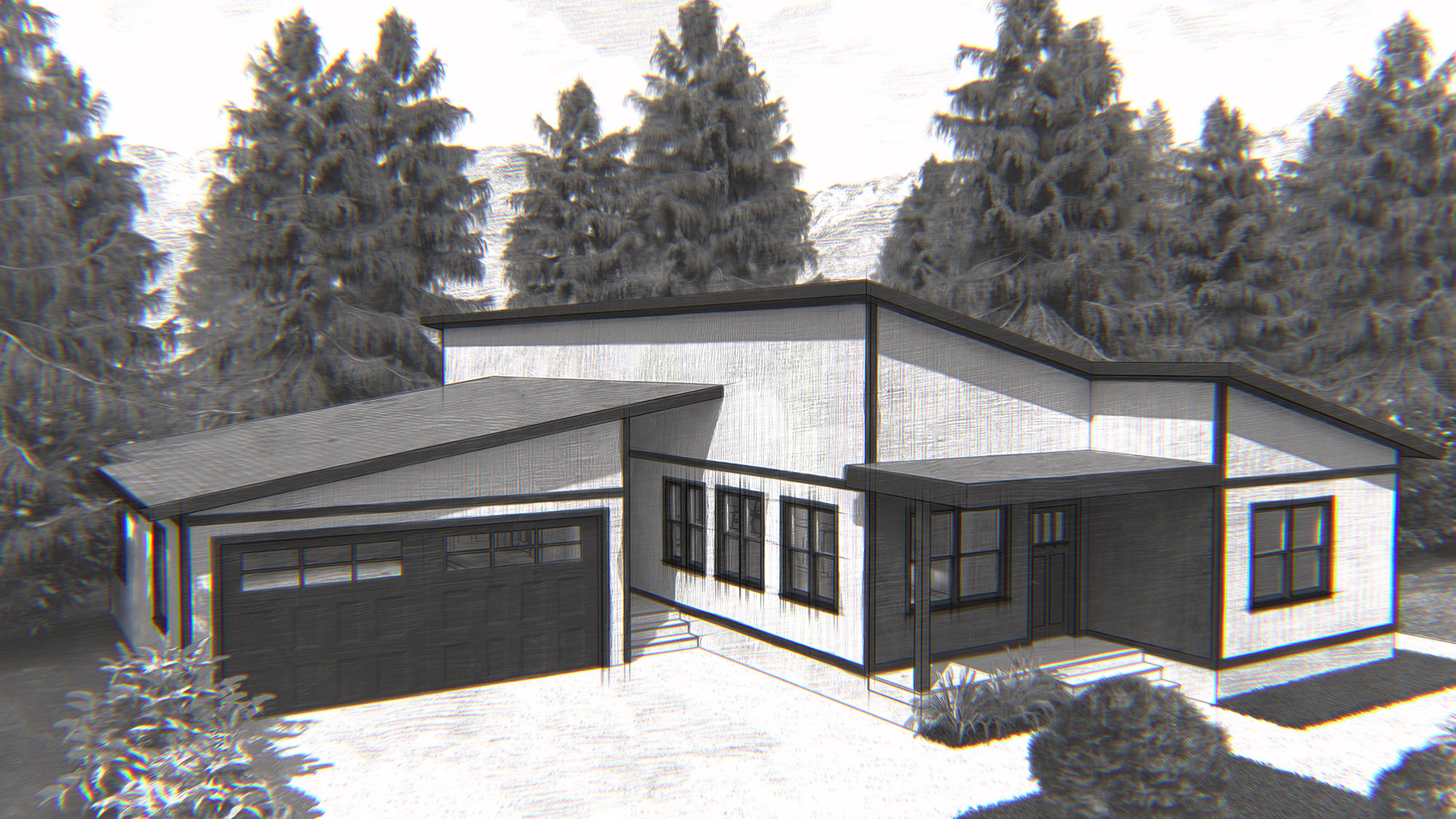 Rendering of modular city series 1300 plan from Buffalo Modular Homes with modern roof line and optional attached garage and front porch