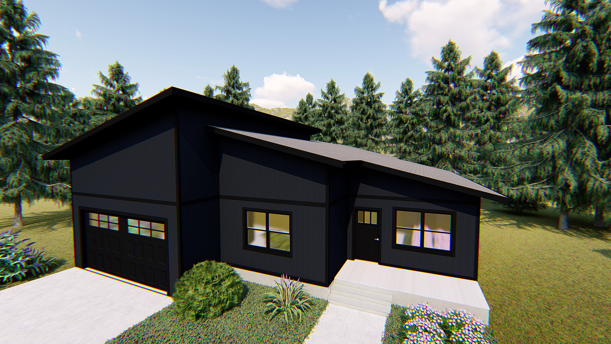 Rendering of the modern modular city series floor plan is 1700 square feet with mono roof and optional attached garage