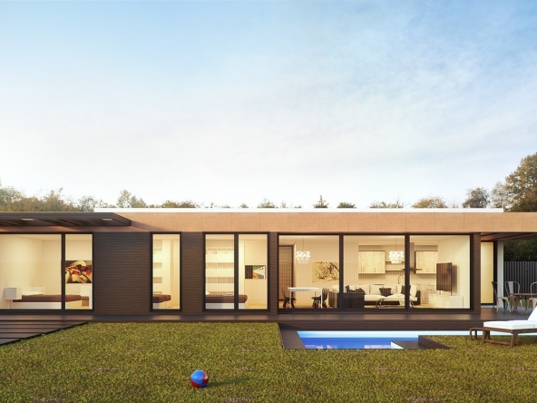 Rendering of Grand Prairie factory built modular home with flat roof and loads of windows for a modern design
