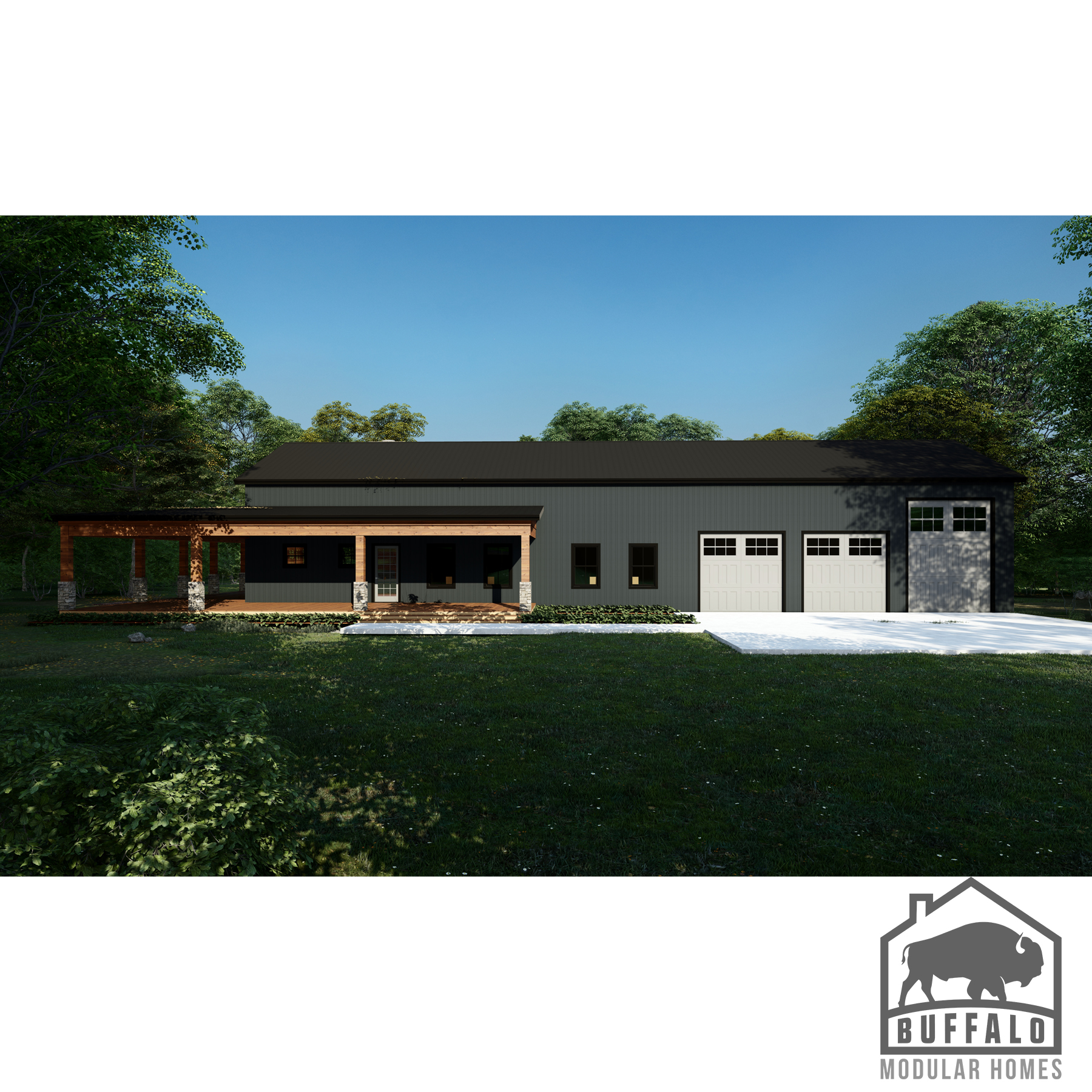 prefab barndominium designed with large front porch and attached garage