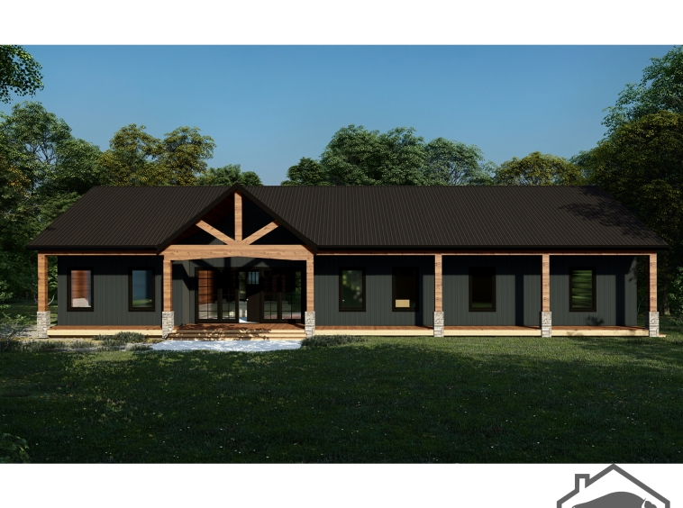 prefab barndominium designed with large front porch and attached garage